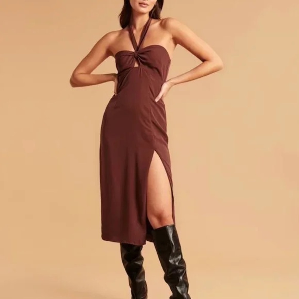 Abercrombie & Fitch Brown Knot Front Cutout Halter Midi Dress Size Small Petites